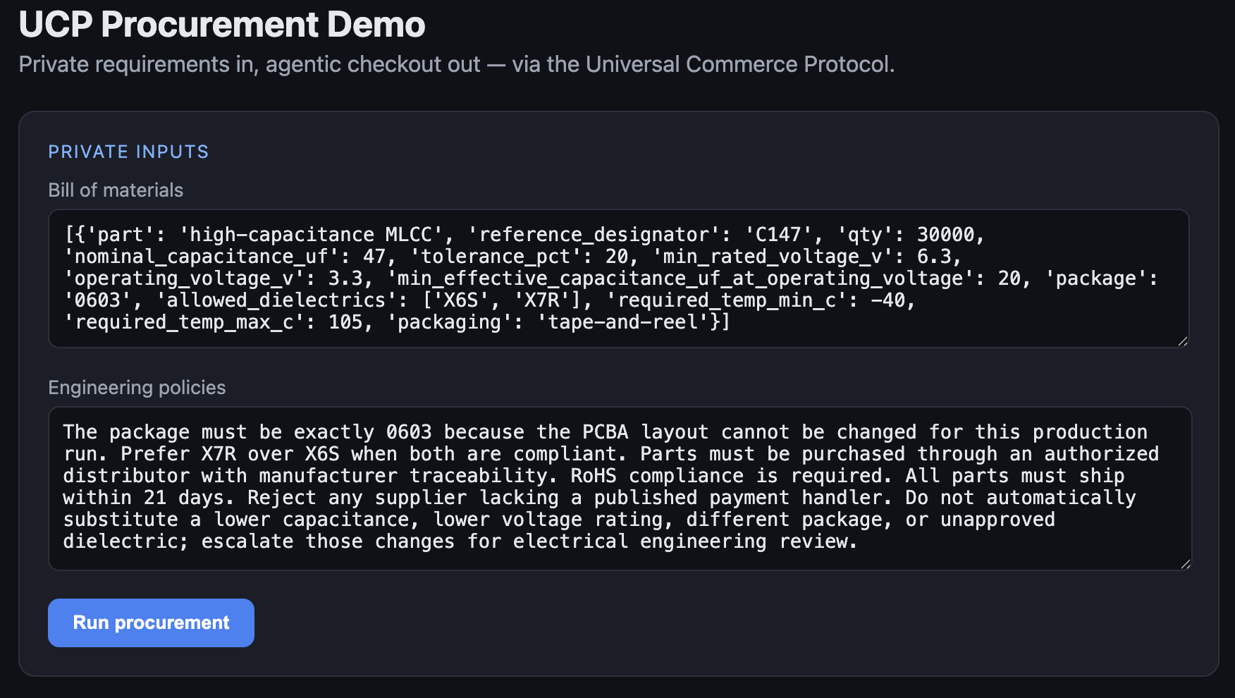 Digital commerce demo input screen