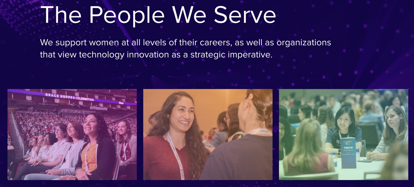 Grace Hopper Celebration homepage featuring Lisa, center photo
